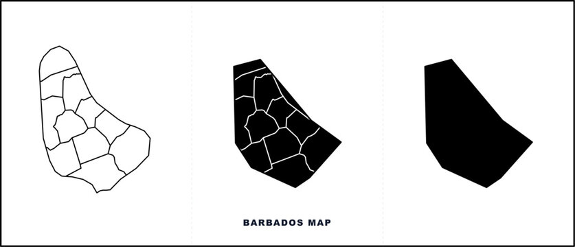 Barbados map vector set with administrative borders, black silhouette and outline icons of Barbados island, Caribbean geography graphics