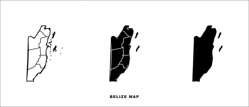 Belize map vector set, black silhouette and outline administrative borders of Belize, minimalist geographic icons for travel and education