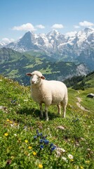 Fototapeta premium A white sheep stands in a green meadow with dramatic mountain peaks in the background.
