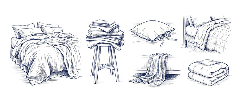 Bedding sketch hand drawn illustration of cozy bedroom textiles, comfortable blankets, pillows, and folded linens on white background, vintage style engraved line art set for home interior decor.