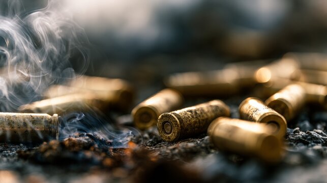 Pistol bullets on the ground with smoke.