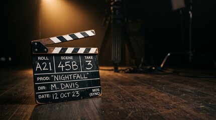Naklejka premium Film clapperboard on a wooden floor with spotlight and camera equipment in a dark studio background