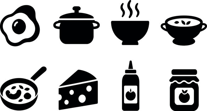 Collection of Minimalist Kitchen and Food Vector Icons, Set Including Fried Egg, Cooking Pot, Steaming Bowl, Soup, Frying Pan, Cheese Slice, Ketchup Sauce and Fruit Jam Jar Silhouette
