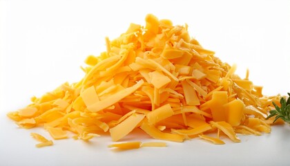 Fototapeta premium Shredded Cheddar Cheese A Fluffy Pile Isolated On A White Background Ready For Culinary Use