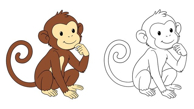 Cute Thinking Monkey Vector Illustration with Both Colorful and Outline Coloring Page Versions for Kids