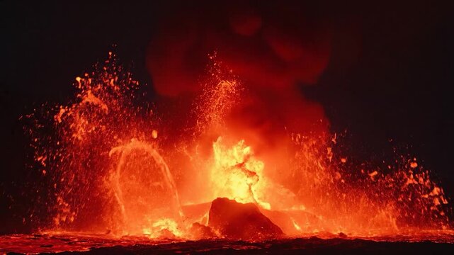 A powerful volcanic eruption spews glowing lava into the dark night sky