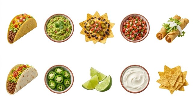 Grid collection of Mexican food items with tacos guacamole and nachos isolated