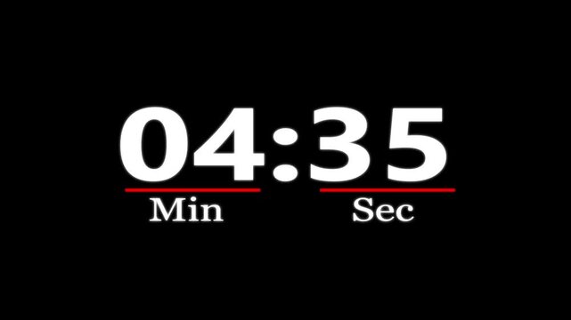 Five minute animation from 300 to 0 seconds on transparent background. 5 minutes countdown timer animation on a white background with video animation.