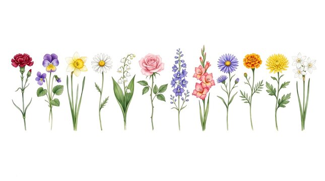 Watercolor botanical birth month flowers collection, hand painted floral illustrations set, delicate garden blossoms on white background