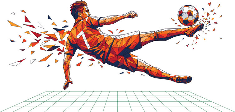 Low poly geometric soccer player vector illustration performing an acrobatic side volley kick shot isolated on white background