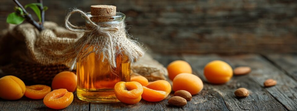 apricot kernel extract on a wooden background. Generative AI