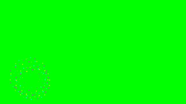 Colorful festive circular confetti particles rising in motion against a bright green screen background for digital video editing animation project
