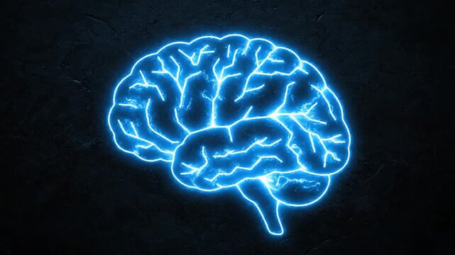 Glowing blue neon human brain outline on a dark textured background