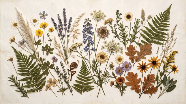Vintage pressed flowers and dried herbs collection, herbarium specimen on aged paper background, botanical flat lay for scrapbooking and design