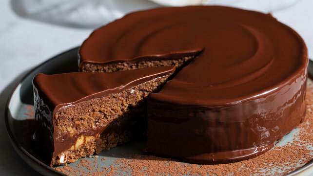 Dairy-free chocolate torte slice with glossy ganache, studio lighting