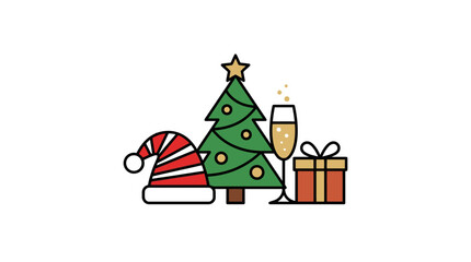 Naklejka premium Festive Christmas tree with Santa hat and champagne glass