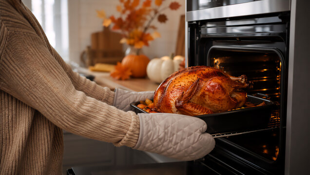 Woman taking roasted turkey out of oven for Thanksgiving dinner. Home kitchen cooking scene during holiday meal preparation. Traditional autumn celebration feast with crispy baked bird.