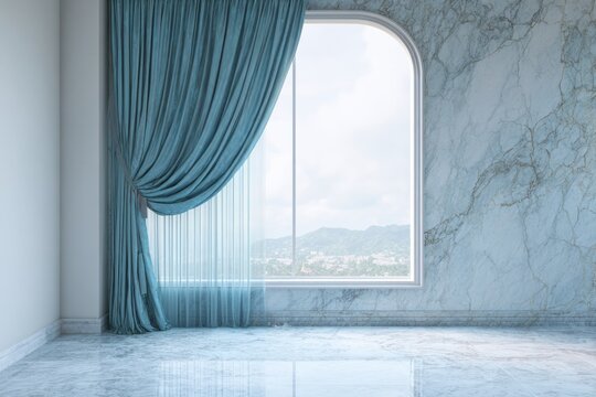 Empty room interior features arched window with teal drapery and blue marble wall