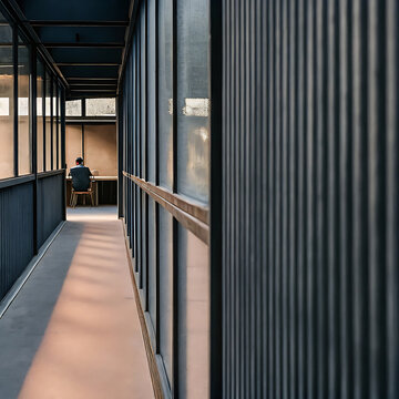 Architectural photograph of a long hallway with a person seated at a desk natural light