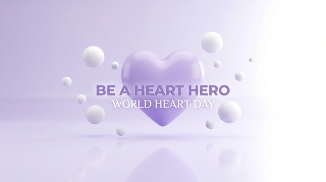 Glossy purple 3D heart with floating spheres on pastel background for World Heart Day banner, perfect for medical health awareness