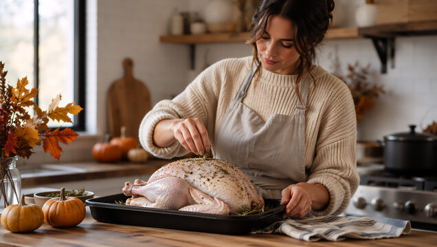 Woman chef seasoning raw turkey in rustic kitchen. Preparing traditional festive meal for Thanksgiving day celebration. Culinary process of cooking poultry for family dinner gathering.