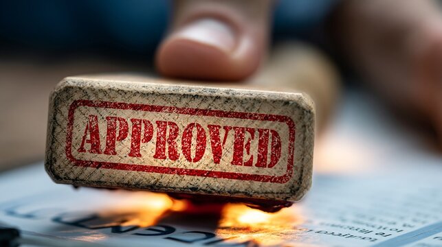 A close-up view of a wooden stamp with the word 'approved' being pressed onto official documents, signifying agreement and validation