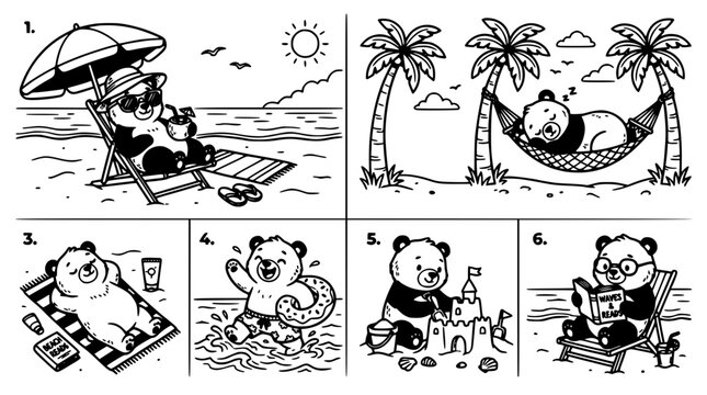 Panda Enjoying Various Beach Activities in a Comic Style Illustration Featuring Relaxation, Vacation, Sun with Sand and Umbrella