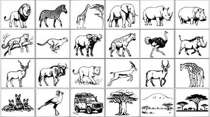 Obraz premium Animals in a Grid Illustration Showcasing Various Wildlife Species and Safari Elements Featuring Lion, Zebra, Giraffe
