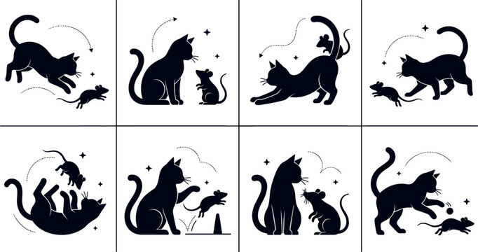 Black Cat and Mouse Silhouette Icon Set with Playing Chasing Jumping and Friend Interaction Story Scenes for Decorative Creative Graphic Designs