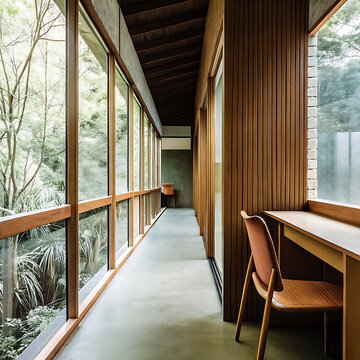 Wooden walled corridor with large windows and a desk architectural photography architecture hallway passage walkway