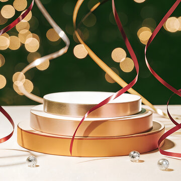 Tiered cylindrical platforms with golden accents a 3d rendering against a blurred festive background platform