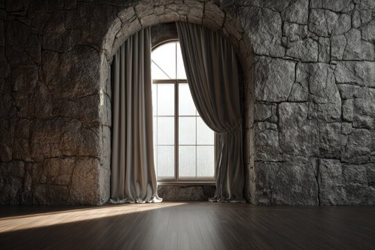 Tall arched window framed by rough stone walls illuminates a dark wooden floor space