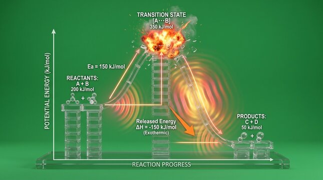 Chemical reaction energy profile diagram. Activation energy graph for scientific research.