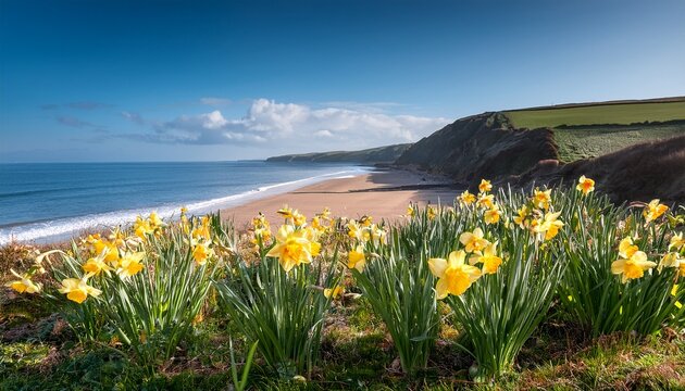 Daffodils At Beer Beach In Devon In Spring Sunshine