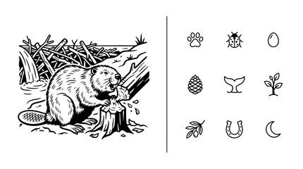 Black and White Beaver Illustration with Nature Icons Set © Rayyan Alfarizi