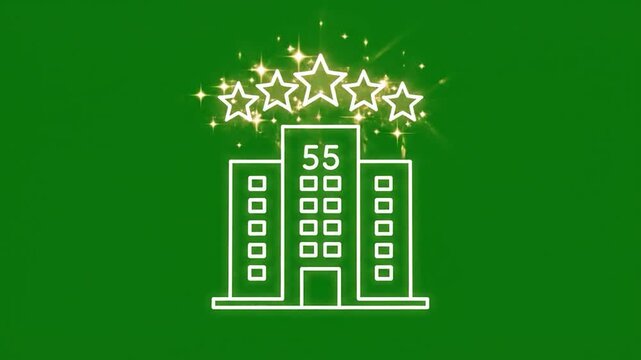 Minimalist white line art of a modern building on a green background