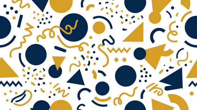 Memphis pattern with abstract yellow and blue shapes circles squiggles and triangles set.