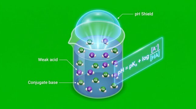 Isometric buffer system diagram. Chemical equilibrium equation with acid base molecules.