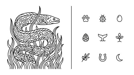 Electric Eel Illustration with Nature Icons Set © Rayyan Alfarizi