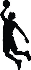 Male basketball player jumping silhouette performing a powerful slam dunk isolated on white background © MdMenhajul