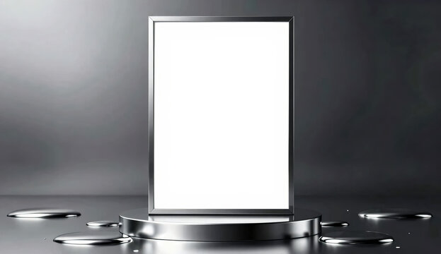Futuristic vertical metallic frame mockup on liquid chrome podium with silver mercury drops