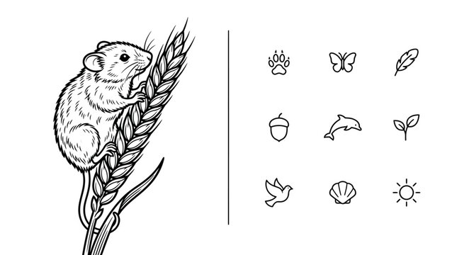 Field Mouse on Wheat Stalk with Set of Nature Icons