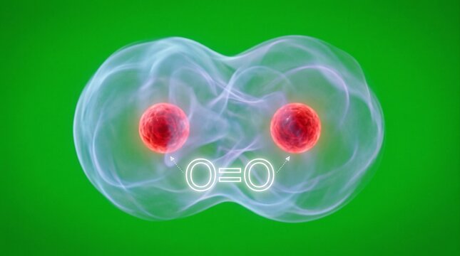 Oxygen molecule diagram with double bond. O2 chemical structure showing atomic nuclei.