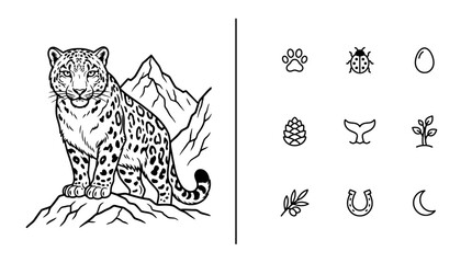 Snow Leopard Illustration with Nature Icon Set © Rayyan Alfarizi