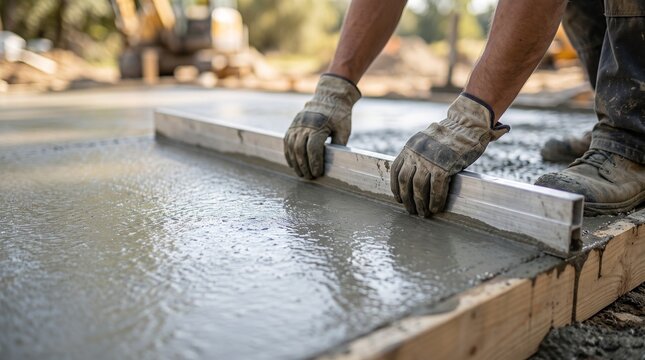Construction worker wearing protective gloves, leveling and smoothing fresh concrete with a metal screed at the construction site.