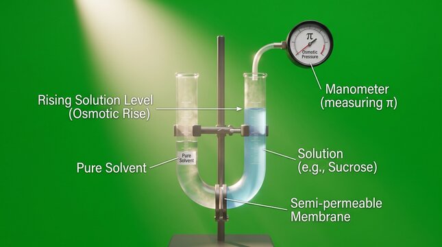 U-shaped osmometer tube experiment. Scientific demonstration of osmosis and pressure.