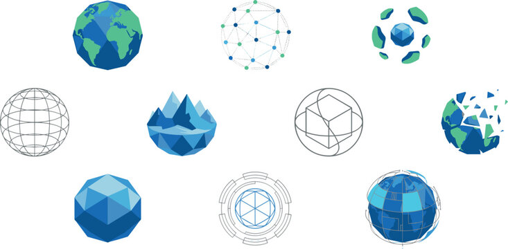 Global network technology and earth sphere vector icon set featuring blue low poly geometric globe elements
