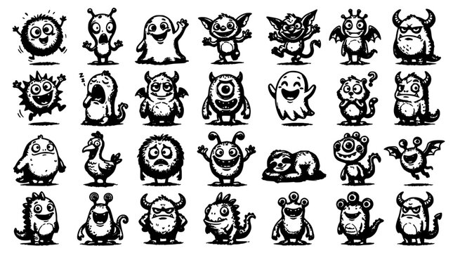 Mythical Creatures in Various Poses and Expressions, Black and White Illustration Featuring Fantasy, Monsters, Cartoon