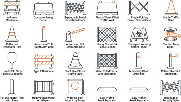 Road Safety and Traffic Control Line Icon Set with Construction Barriers, Warning Signs, Traffic Cones, Safety Fencing, Delineators, and Work Zone Equipment Collection