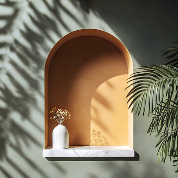 Arched wall niche with a small vase and plant a minimalist interior scene archway architectural